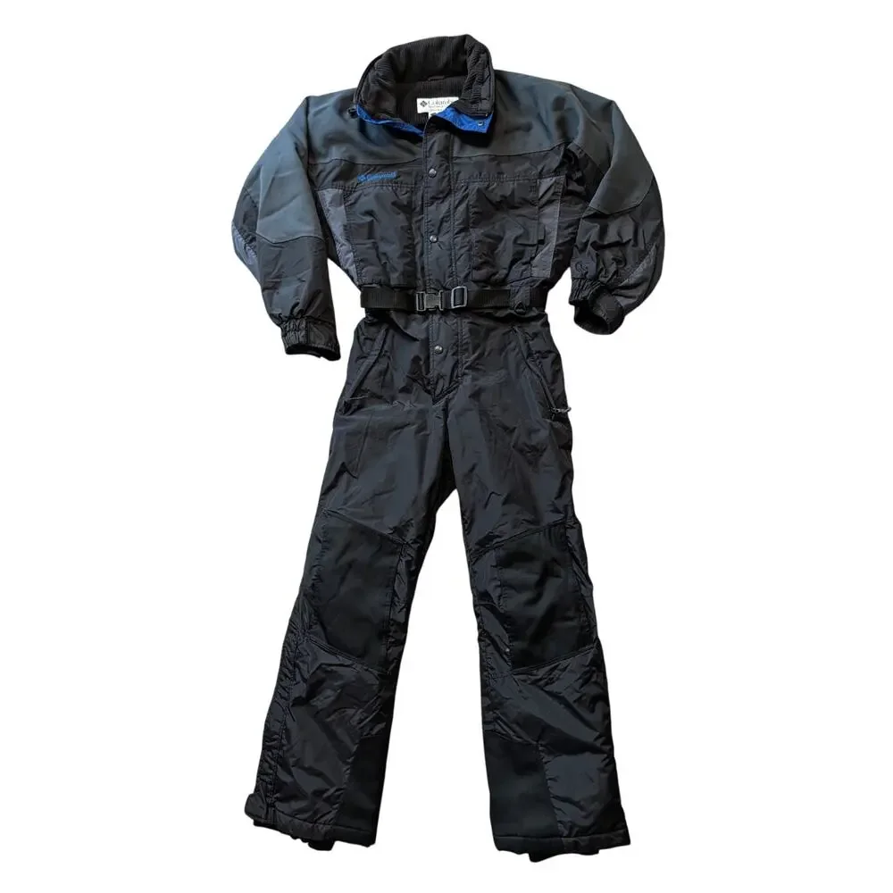 Columbia Vintage 1Pc Ski Suit Mens S Black Blue Trim Belted One Piece Snowsuit
